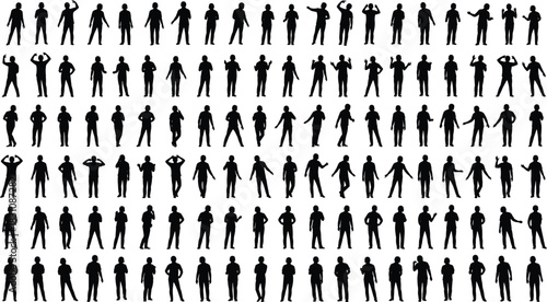 Human silhouette pose grid, 100 gesture variations, animation reference sheet, body language catalog, cad drawing flat vector illustration
