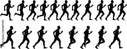 Running motion silhouette sequence, human biomechanics stride phases, athletic movement breakdown, sports science reference, cad drawing flat vector illustration