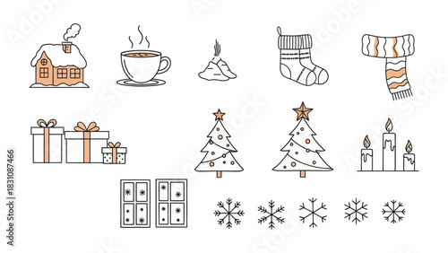 Christmas Cheer Icon: A collection of delightful Christmas icons, capturing the spirit of winter festivities in a clean, minimalist style. From cozy cabin to snowflakes.