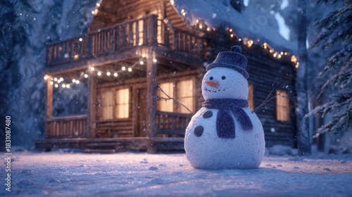 snowman in front of glowing Christmas cabin,