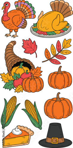 Decorative autumn and Thanksgiving feast elements clip art set, showcasing traditional harvest symbols like a colorful turkey, roasted bird dinner, bountiful cornucopia, fall leaves, fresh corn, squas