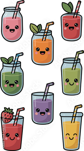 An assortment of nine vibrant kawaii cartoon illustrations featuring happy fruit juice drinks and healthy vegetable smoothies in mason jars and glasses, perfect graphic design assets for playful nutri