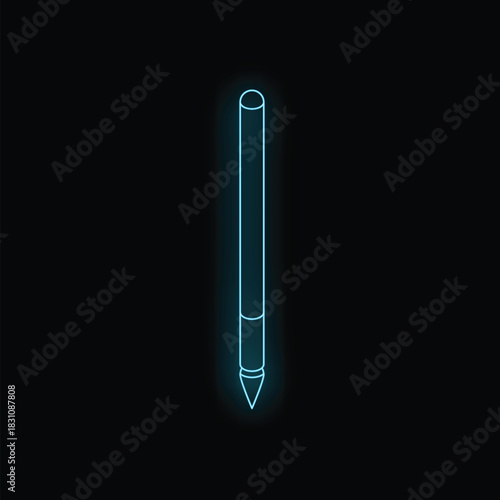 Neon blue stylus touchscreen pen is glowing on a black background