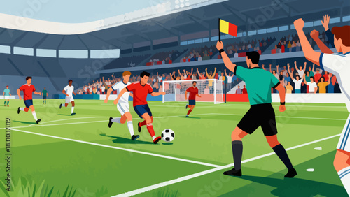 This vibrant illustration shows a soccer match in a crowded stadium: players in jerseys race for the ball on the grass pitch, with a scoreboard and cheering fans in the background.