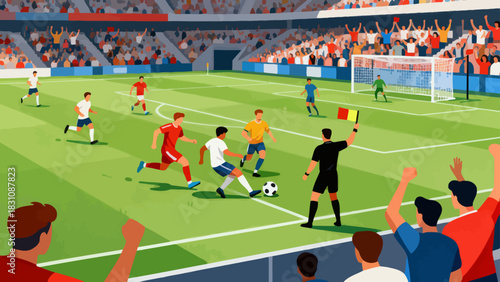 This vibrant illustration shows a soccer match in a crowded stadium: players in jerseys race for the ball on the grass pitch, with a scoreboard and cheering fans in the background.