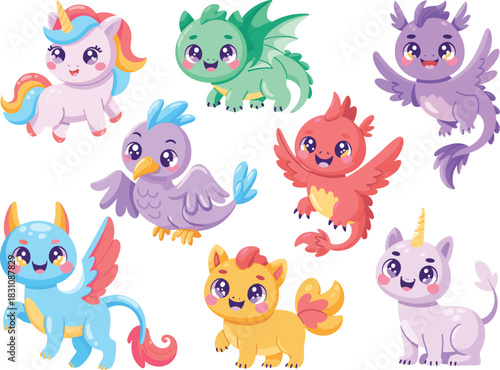 Adorable collection of cute mythical fantasy creatures set featuring a little smiling unicorn, baby dragon, griffin, and colorful bird monster characters, rendered in bright flat vector cartoon illust
