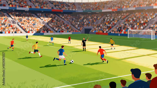 This vibrant illustration shows a soccer match in a crowded stadium: players in jerseys race for the ball on the grass pitch, with a scoreboard and cheering fans in the background.