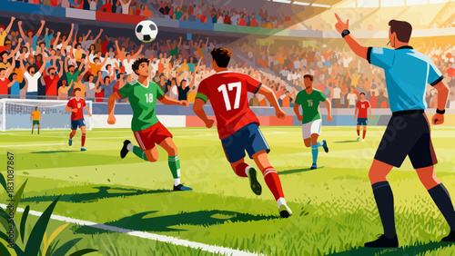 This vibrant illustration shows a soccer match in a crowded stadium: players in jerseys race for the ball on the grass pitch, with a scoreboard and cheering fans in the background.
