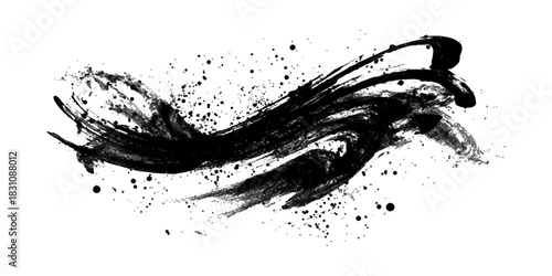 Dynamic black ink brush strokes and splatters creating abstract energetic movement on white background