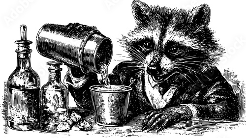 Raccoon character in vintage illustration style. Mixing drinks and serving in a glass with bottles nearby in a quirky bar set vector illustration.
