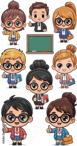 A diverse collection of smart, professional chibi school students and teachers giving a positive thumbs up sign, representing educational success, knowledge, and business team collaboration concepts i