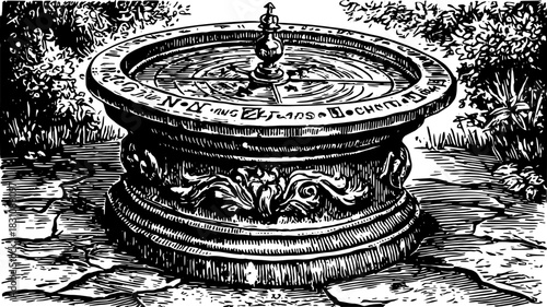 Classic stone fountain with ornate design in a garden setting. This vintage water basin sculpture is a beautiful outdoor element, featured in this vector illustration.