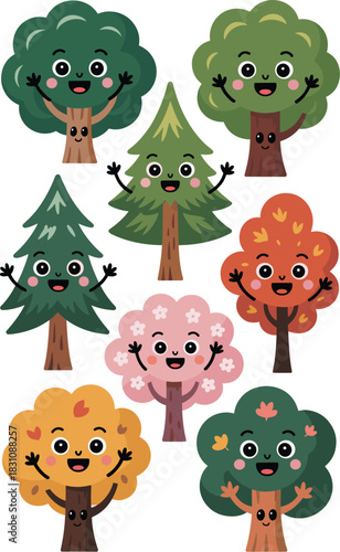 Detailed collection of nine cute cartoon happy trees featuring diverse anthropomorphic characters like evergreen pines, pink flowering cherry blossoms, lush summer oaks, and vibrant autumn foliage, id