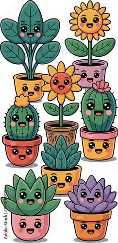 Cheerful collection of kawaii house plants and succulents with happy smiling faces, featuring potted green foliage, bright yellow sunflowers, and decorative spiky cacti, modern vector illustration for