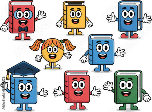 Vibrant set of cute cartoon book mascots waving and smiling, including a happy graduate character, perfect 2D vector graphic illustration for educational applications, literature teaching, academic pr