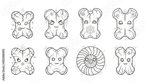 Animated Bone Designs: A collection of quirky bone-shaped designs, each with unique facial expressions and intricate patterns. These whimsical illustrations offer a playful take on anatomy.