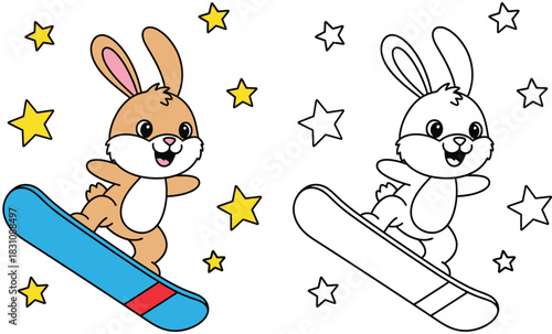 Cute cartoon rabbit snowboarding coloring book page for kids with colored example. Vector illustration of a happy bunny winter sport