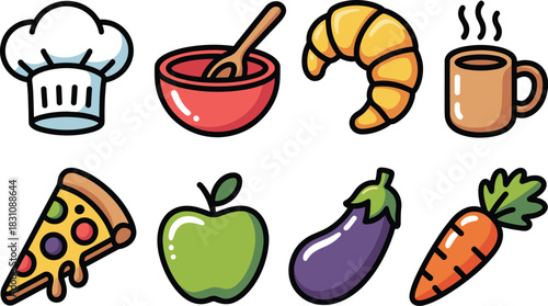 A large collection of colorful food and cooking icons featuring a professional chef hat, soup bowl with a wooden spoon, steaming coffee mug, golden croissant, tasty pizza slice, fresh green apple, pur