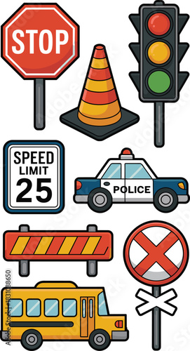 Essential road safety and traffic regulation elements featuring a classic red STOP sign, detailed police patrol car, yellow school bus, 25 speed limit sign, bright orange construction cone, signal lig