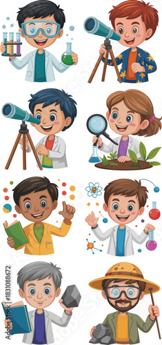 Diverse group of cartoon students and cheerful educators engaging in comprehensive scientific exploration including chemistry experiments, astronomy observation with telescopes, geology rock identific