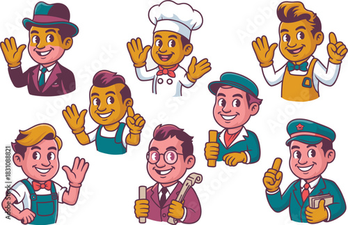 Collection of diverse service professional job workers smiling and waving, vintage retro cartoon character mascot set illustration bundle featuring occupations like chef, waiter, postman, and builder,