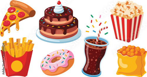 Delicious collection of sweet and savory snacks and fast food icons; vector graphic featuring cake, pizza slice, doughnut, fizzy drink, golden french fries, and cinema popcorn bucket, perfect for mode