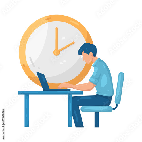 Illustration of Man Working at Desk with Clock