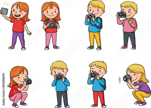 Vector Illustration Set of Happy Cartoon Children Holding Digital Cameras and Smartphones, Taking Photos and Selfies for Hobbies and School Photography Classes