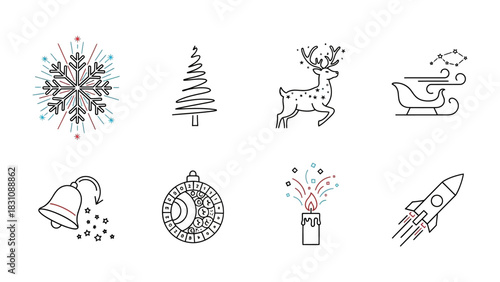 Festive Icons of the Season: A collection of simple, yet elegant icons representing the joy and wonder of festive moments. Icons include snowflakes, trees, reindeer and Santa's sleigh.