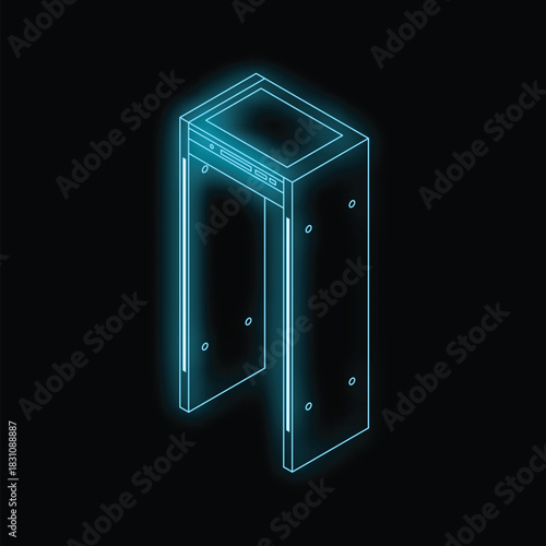 Metal detector gate opening, glowing futuristic style on dark background, security concept