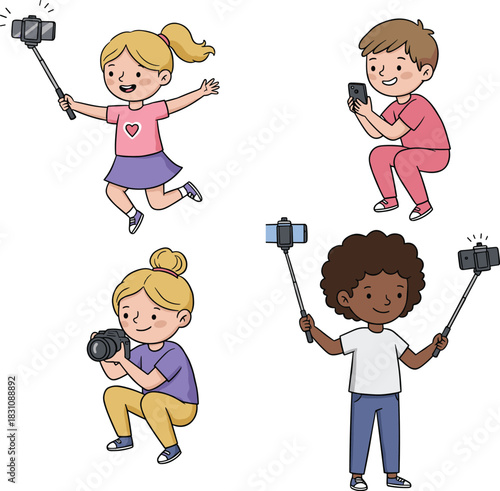 Diverse Children Vector Illustration Set Taking Photos and Selfies with Smartphone, Camera, and Selfie Sticks, Capturing Fun Moments and Sharing on Social Media