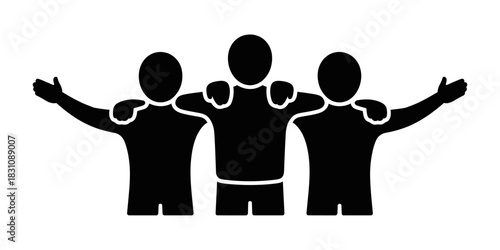 Three silhouetted figures standing together with arms raised or outstretched