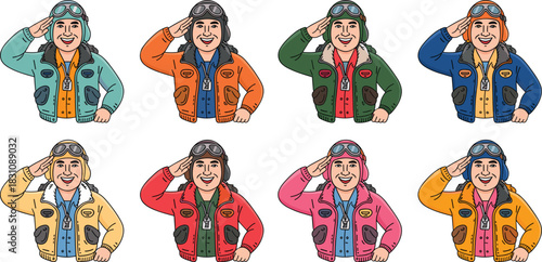 Eight happy cartoon aviator pilot characters saluting in colorful bomber jackets and vintage leather flight helmets with goggles, forming a friendly professional collection vector illustration set for