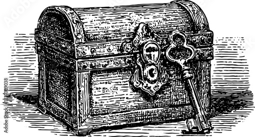 Vintage chest with a detailed key design. Black and white vector illustration of an antique storage item set.
