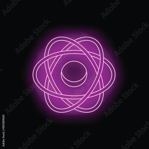 Bright purple neon atom symbol glowing on a dark background, representing science, technology, and innovation