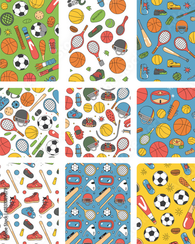 Vibrant seamless repeating sports pattern collection showcasing hand-drawn athletic equipment including basketballs, soccer balls, tennis rackets, baseball bats, protective helmets, and running footwe
