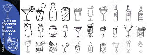 Alcohol cocktail bar doodle set, vector hand drawn beverages party illustration, champagne glasses. Waiter arm with tray, bartender preparing drinks, gin bottle menu line icon. Cocktail big  set .