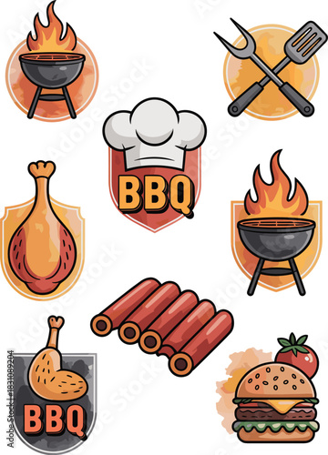 A vibrant collection of stylized cartoon barbecue icons and food elements, featuring smoking grills with burning flames, a classic chef's hat, crossed cooking utensils, plump chicken legs, delicious s