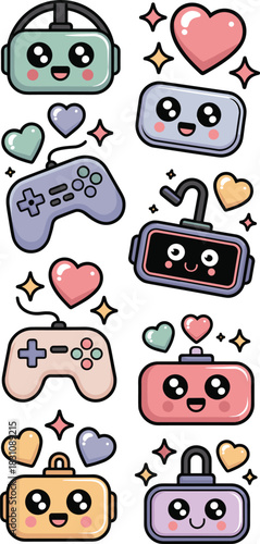 Cute kawaii video gaming sticker collection featuring happy cartoon icons of pastel controllers, VR headsets, and portable tech devices scattered playfully among sparkling stars and vibrant love heart