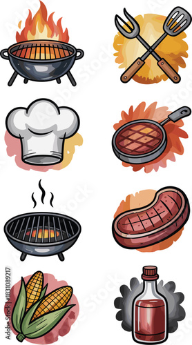 Whimsical cartoon barbecue and grilling food icons featuring delicious roasted steak, corn on the cob, essential chef hat, cooking tools, skillet, and marinade bottle for summer cookout, picnic menu,