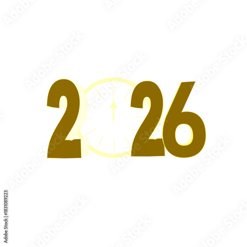 New Year 2026 Text With Clock Isolated On Transparent Background