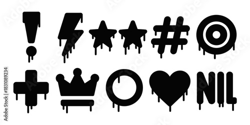 A collection of black and white icons with dripping paint effect on a white background