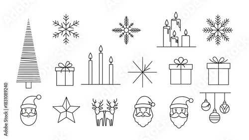 Holiday Icons: A collection of festive line icons capturing the spirit of celebration, featuring an array of holiday symbols, perfect for designs that evoke the season's joy.