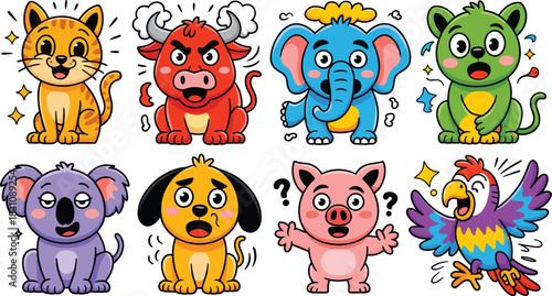 A diverse collection of cute expressive cartoon animal characters, including a happy cat, fierce bull, surprised elephant, sleepy koala, confused pig, and talking parrot, presented as vibrant vector s
