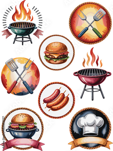 Comprehensive watercolor barbecue and grilling emblem set featuring classic charcoal kettle grills, open flame illustrations, juicy cheeseburgers, smoked sausages, essential cooking utensils, and a pr