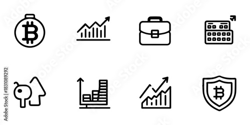 Collection of hand drawn bitcoin and financial growth icons representing cryptocurrency investment and trading