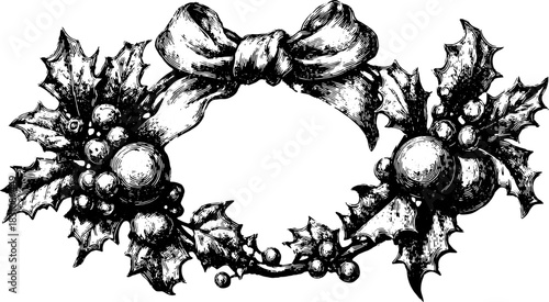 Holly wreath with a bow and berries. Simple and elegant vector illustration, designed in black and white for decorative use in a set.