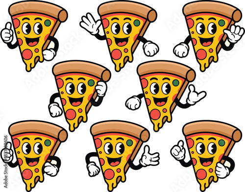 Retro vintage cartoon pizza slice characters waving and giving thumbs up in a fun, seamless pattern illustration, perfect for fast food restaurant marketing, menus, cheerful delivery service advertisi