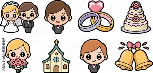 Adorable kawaii style wedding and marriage vector icons set featuring happy bride, groom, church, rings, layered cake, golden bells, and flower bouquet, essential clip art graphic resources for invita