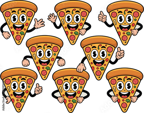 Vintage 1930s rubber hose cartoon pizza slices forming a seamless character pattern, showing cheerful, happy mascots waving and giving thumbs up gestures, perfect graphic illustration design for fast